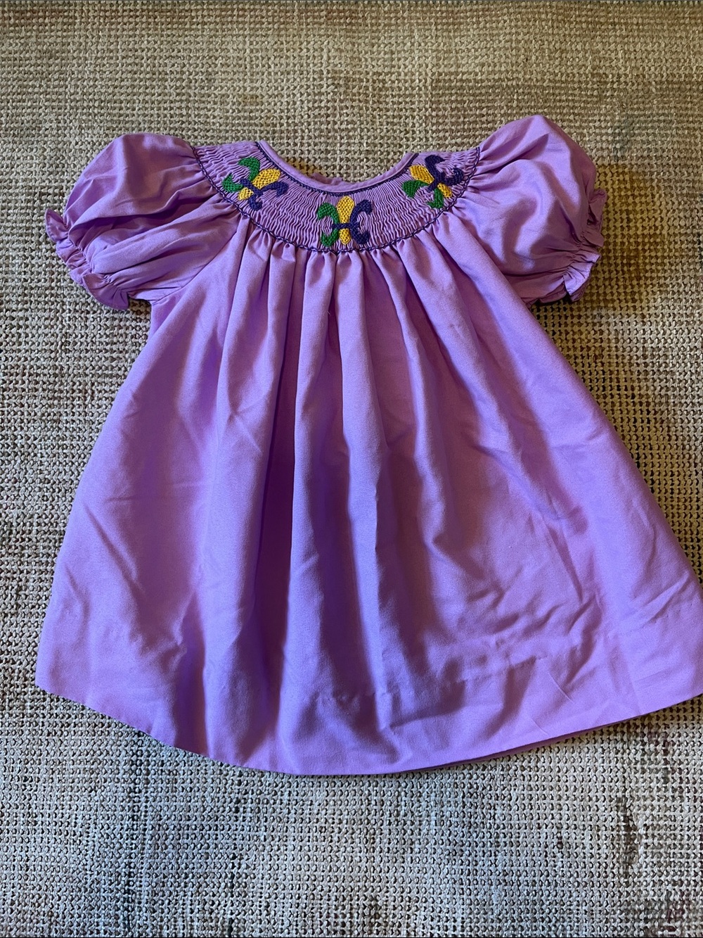 Lavender Puff Sleeve Fleur De Lis Smocked Baby Dress - Mardi Gras - size 6 mos
